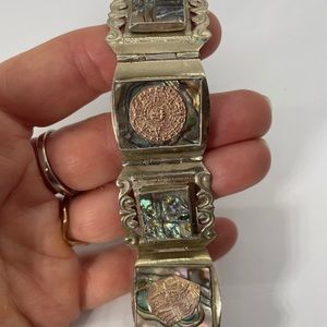 TAXCO Sterling Silver 925 Panel Bracelet Abalone MOP & Gold Aztec Circles 53 G